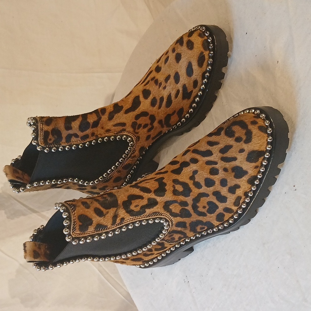 Stunning Alexander Wang Brown & Black Leapard Print Calf Fur Studded Booties
